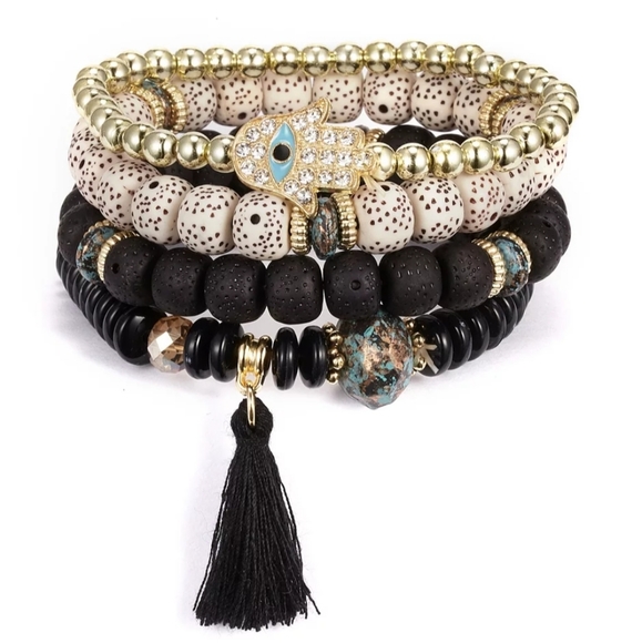 Beaded Evil Eye Hamsa Hand Charm Bracelet - Picture 2 of 2